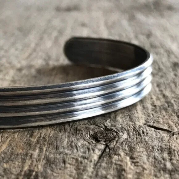 Sterling Silver Pinstripe Open Cuff Bangle Bracelet - Picture 3 of 5